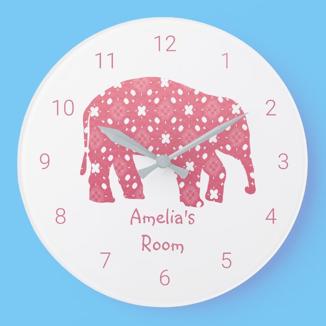 Grande Horloge Ronde Chambre à coucher éléphant rose personnalisée (Créateur téléchargé)