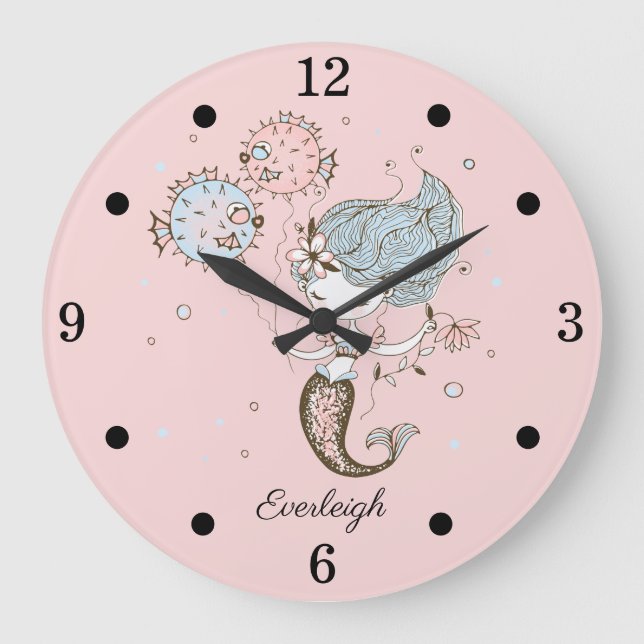 Grande Horloge Ronde Chambre de fille personnalisée Sirène Rose (Recto)