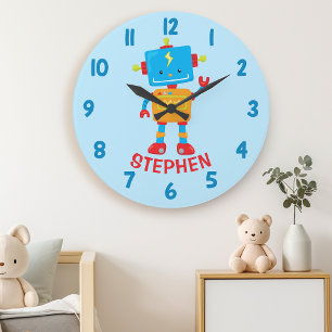 Grande Horloge Ronde Chambre de garçons science robot mignon décoration