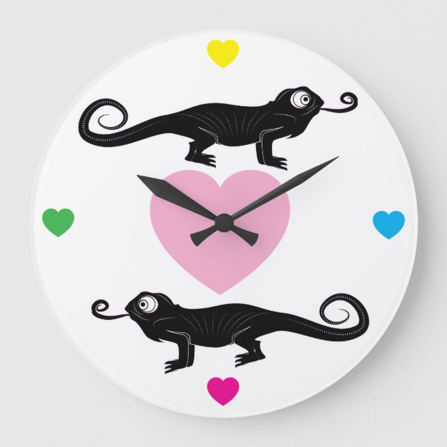 Grande Horloge Ronde Chameleons and Rainbow Hearts Round Clock (Recto)