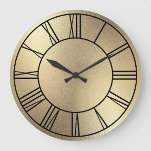 Grande Horloge Ronde Champagne feuille d'or chiffres romains noirs