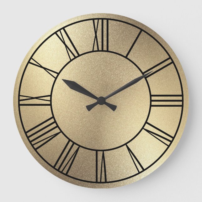 Grande Horloge Ronde Champagne Gold Foil Black Roman Numéros (Recto)