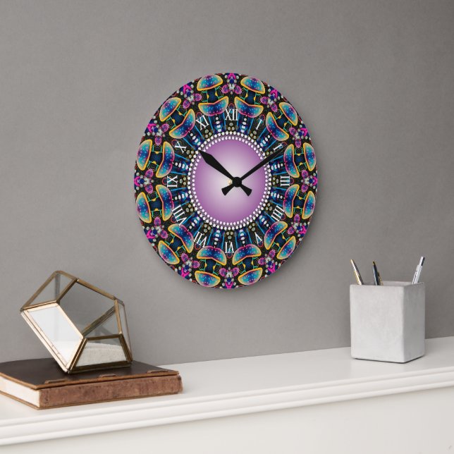 Grande Horloge Ronde Champignons à temps super Neon Mandala (Bureau)