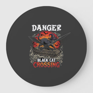 Grande Horloge Ronde Chapeau de sorcière de Halloween Danger Black Cat