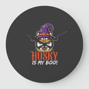 Grande Horloge Ronde Chapeau De Sorcière De Mon Boo Husky D'Halloween