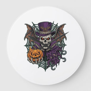 Grande Horloge Ronde Chapeau Haut de Forme Crâne de Halloween Ailes de