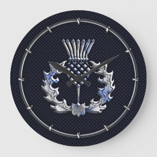 Grande Horloge Ronde Chardon d'écossais d'argent d'impression de fibre