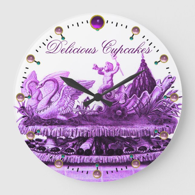 GRANDE HORLOGE RONDE CHARIOT POURPULAIRE DE SWANS AVEC DES CUPCAKES ET  (Recto)