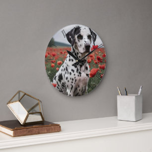 Grande Horloge Ronde Charmant Chien De Dalmation Dans Le Champ De Pavot