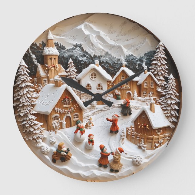Grande Horloge Ronde Charmant village enneigé avec plaisir jouer (Recto)