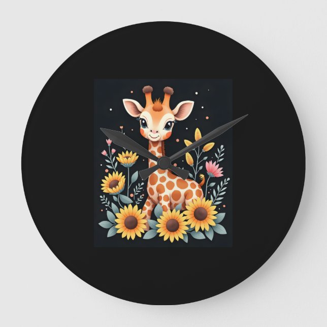 Grande Horloge Ronde Charmante Giraffe Entourée De Fleurs Longues Manch (Recto)
