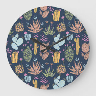 Grande Horloge Ronde Charme de cactus : Vintage coloré Floral