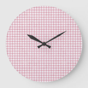 Grande Horloge Ronde Charme Gingham Rose et Blanc Velouté