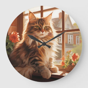 Grande Horloge Ronde Charming Maine Coon Chat