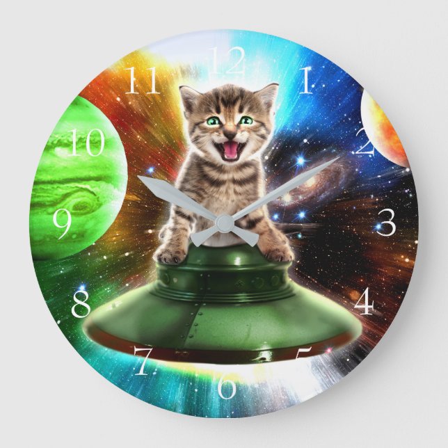 Grande Horloge Ronde Chat Alien dans la soucoupe de l'ufo (Recto)