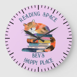 Grande Horloge Ronde Chat aquarelle avec livres