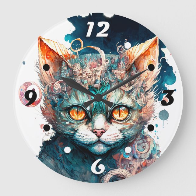 Grande Horloge Ronde Chat aquarelle en style steampunk (Recto)