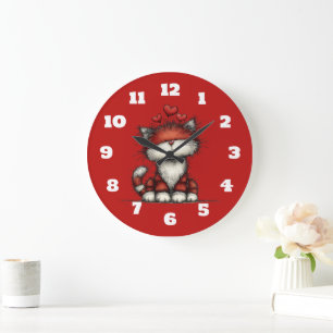 Grande Horloge Ronde Chat avec des cœurs rouges mignon et amusant
