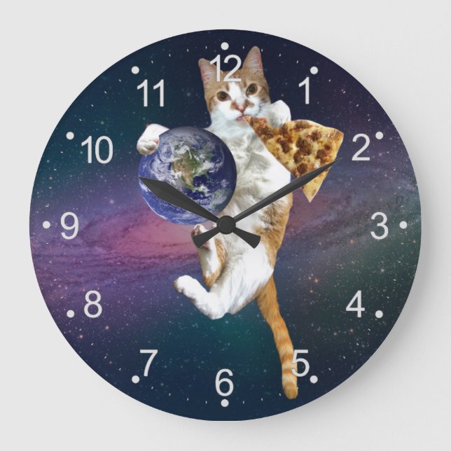 Grande Horloge Ronde Chat avec une planète et manger une pizza (Recto)