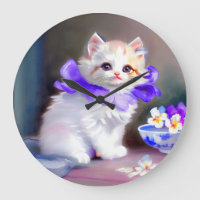 Chat blanc avec collier de fleurs violettes