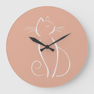 Grande Horloge Ronde Chat blanc minimaliste sur fond rose Ajouter un no
