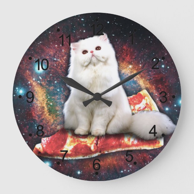 Grande Horloge Ronde Chat blanc sur la pizza (Recto)