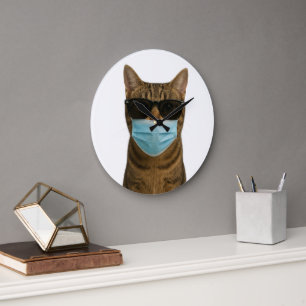 Grande Horloge Ronde Chat cool avec des nuances et un masque