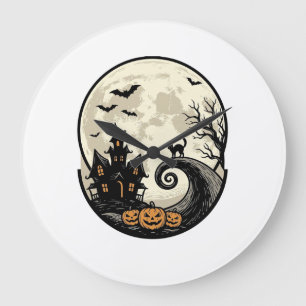 Grande Horloge Ronde Chat de Halloween Vintage Maison Hantée Lune Vecte