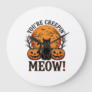Grande Horloge Ronde Chat de Halloween Vintage qui se faufile Meow Grav