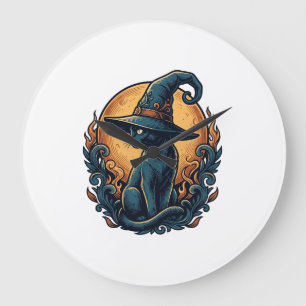 Grande Horloge Ronde Chat de sorcière vintage lune Halloween Art vector