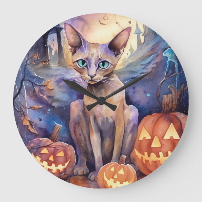 Grande Horloge Ronde Chat d'Halloween Abyssinian avec la peur Citrouill (Recto)