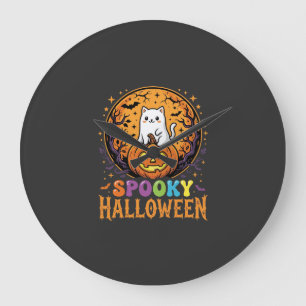 Grande Horloge Ronde Chat d'Halloween Citrouille Lune Design Vintage