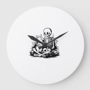 Grande Horloge Ronde Chat drôle squelette crâne Kitty Chat mignon Goth