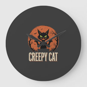 Grande Horloge Ronde Chat effrayant Halloween Graphique de lune vintage