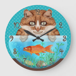 Grande Horloge Ronde Chat et Bowl de poisson d'or Funny Hungry Grinning