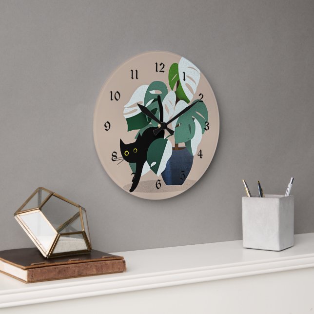 Grande Horloge Ronde Chat et un Plante (Bureau)