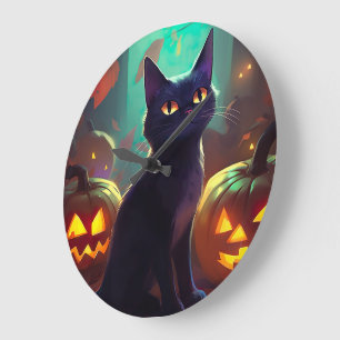 Grande Horloge Ronde Chat Halloween Tuxedo Avec Peur Citrouille
