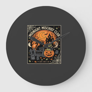 Grande Horloge Ronde Chat Hanté sous la Lune d'Halloween_2