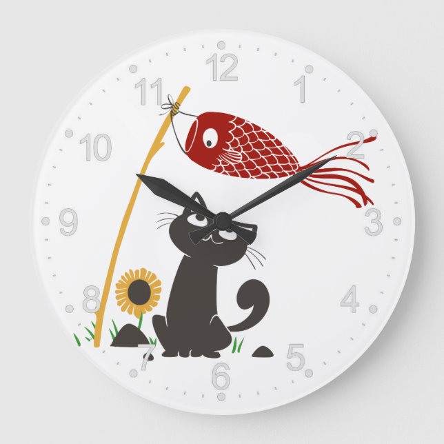 Grande Horloge Ronde Chat heureux en bande carrée - Choisir la couleur  (Recto)