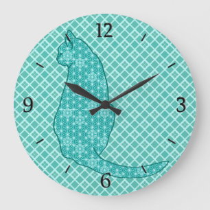 Grande Horloge Ronde Chat japonais - copie de kimono de turquoise