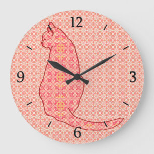 Grande Horloge Ronde Chat japonais - Coral Orange Batik
