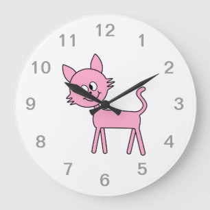 Grande Horloge Ronde Chat mignon. Marche rose de chat