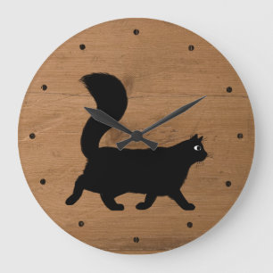 Grande Horloge Ronde Chat noir à pied avec longue queue Faux Bois