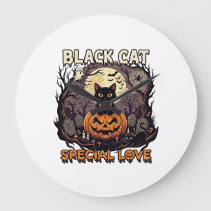 Grande Horloge Ronde Chat Noir Amour Spécial Halloween Citrouille Plein