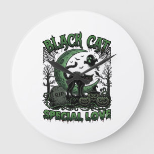 Grande Horloge Ronde Chat Noir Amour Spécial Haloween Croissant Lune Fa