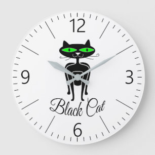 Grande Horloge Ronde Chat noir aux yeux verts