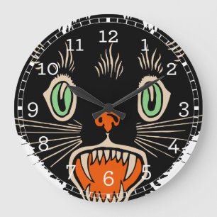 Grande Horloge Ronde Chat noir effrayé d'Halloween Vintage