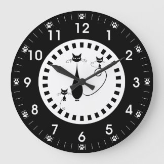 Grande Horloge Ronde Chat noir et chatons avec Empreintes de pattes