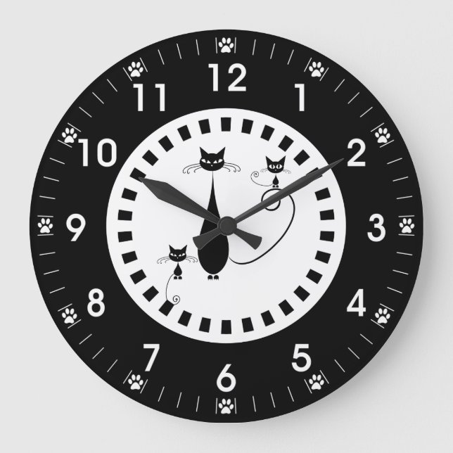 Grande Horloge Ronde Chat noir et chatons avec Empreintes de pattes (Recto)