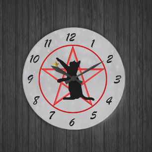 Grande Horloge Ronde Chat noir Golden Star Red Pentagram Cercle gris